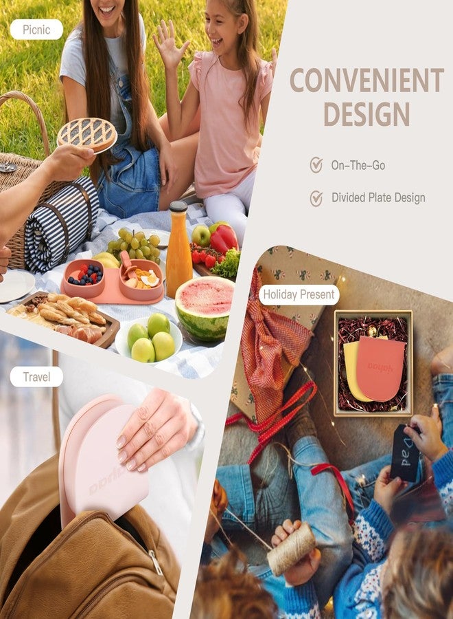 yahaa Silicone Foldable Novelty Dinner Plates,Baby Plates Travel Essential with Forks and Spoons,Microwave & Dishwasher Safe,Matte Pink - Image 5